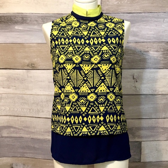 Navy and chartreuse ethnic print tunic S - Picture 1 of 10